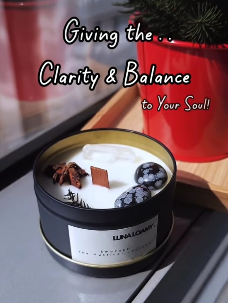 Luna Loamy Organic Soy Bean Wax Candle Crystals Stones Dry Flowers Leaves Sage Cedar Wood Snowflake Obsidian Clear Quartz Pine Branches star anise Root Crown Chakra